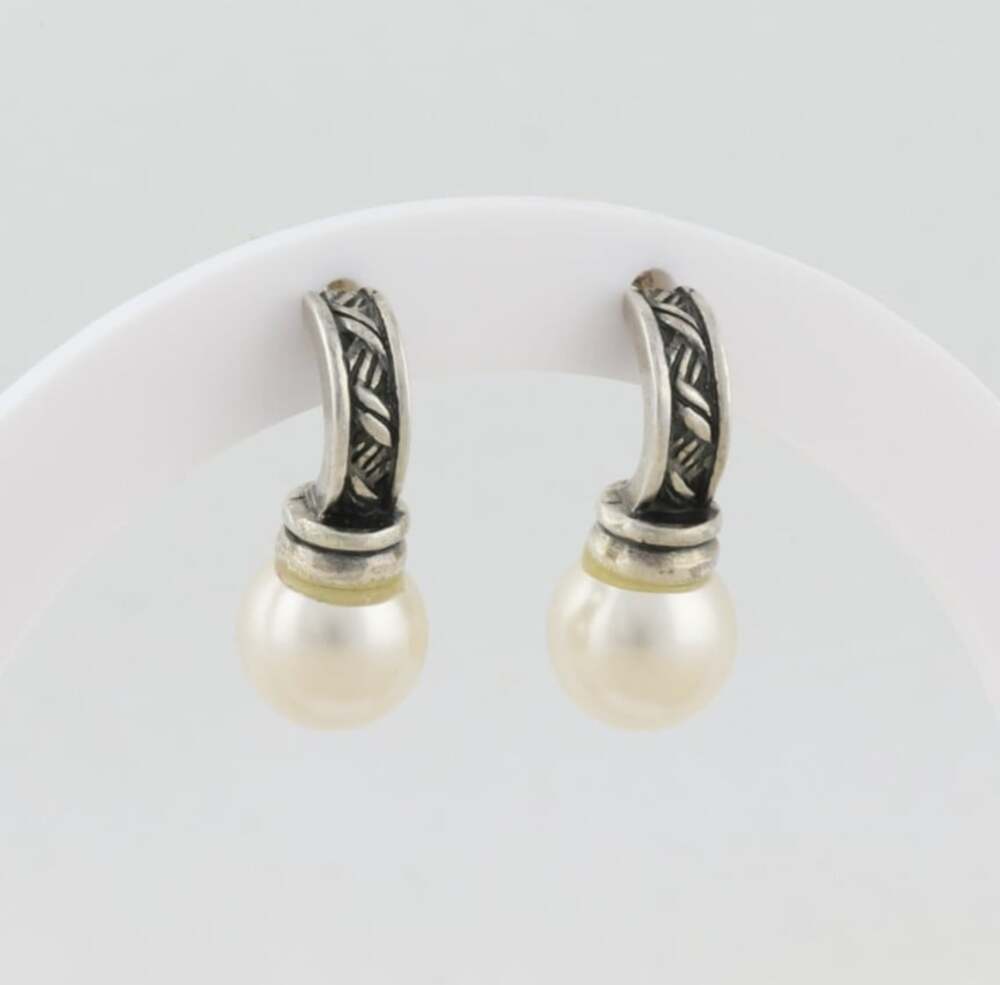 Sterling Silver Simulated Pearl Earrings Drop Earrings 7/8" x 3/8" - Picture 1 of 7